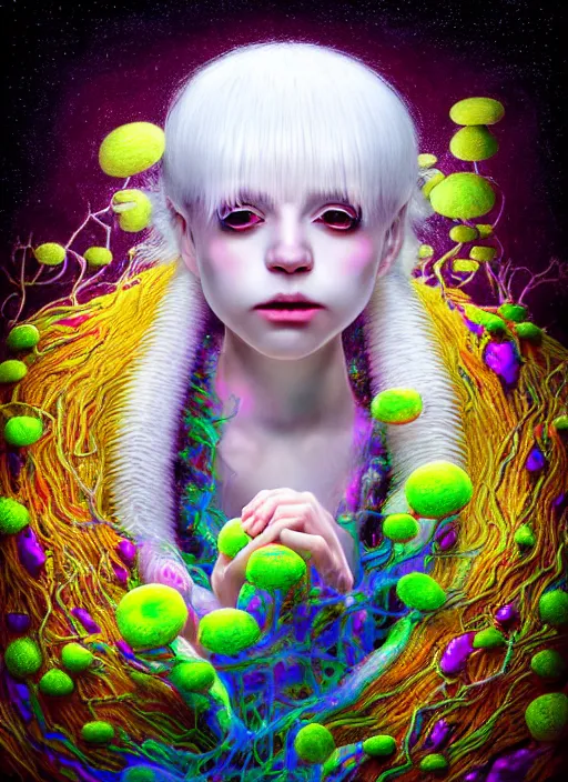 Image similar to hyper detailed 3d render like a Oil painting - kawaii portrait Aurora (white haired Singer Ferret) seen Eating of the Strangling network of yellowcake aerochrome and milky Fruit and Her delicate Hands hold of gossamer polyp blossoms bring iridescent fungal flowers whose spores black the foolish stars by Jacek Yerka, Mariusz Lewandowski, Houdini algorithmic generative render, Abstract brush strokes, Masterpiece, Edward Hopper and James Gilleard, Zdzislaw Beksinski, Mark Ryden, Wolfgang Lettl, hints of Yayoi Kasuma, octane render, 8k