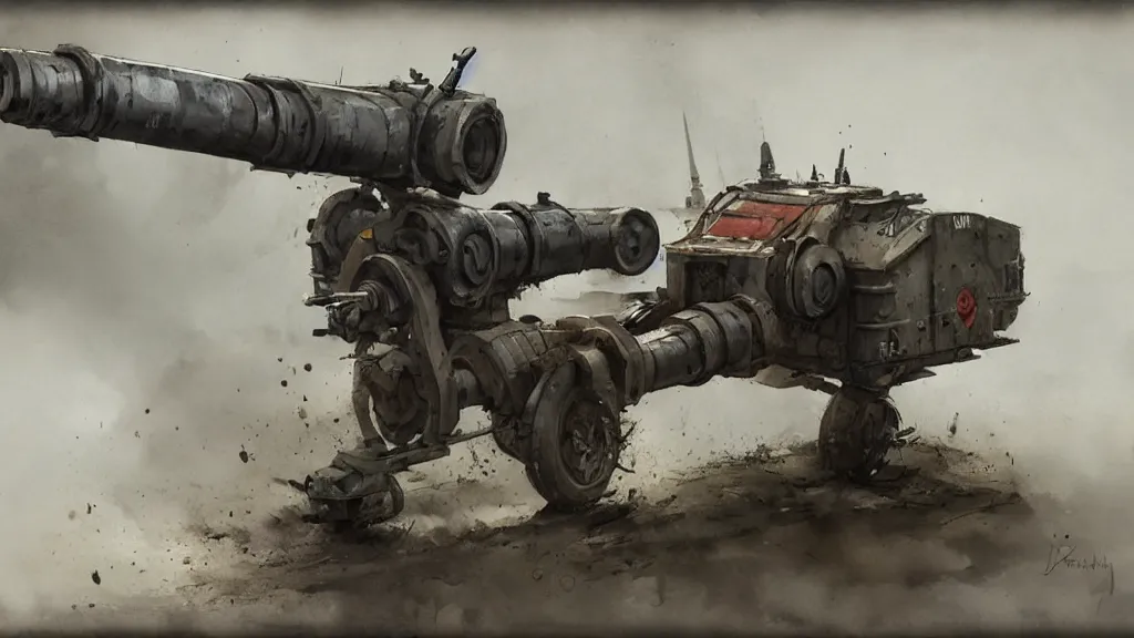 Image similar to realistic looking howitzer cannon, watercolored, jakub rozalski, dark colours, dishonored, artstation