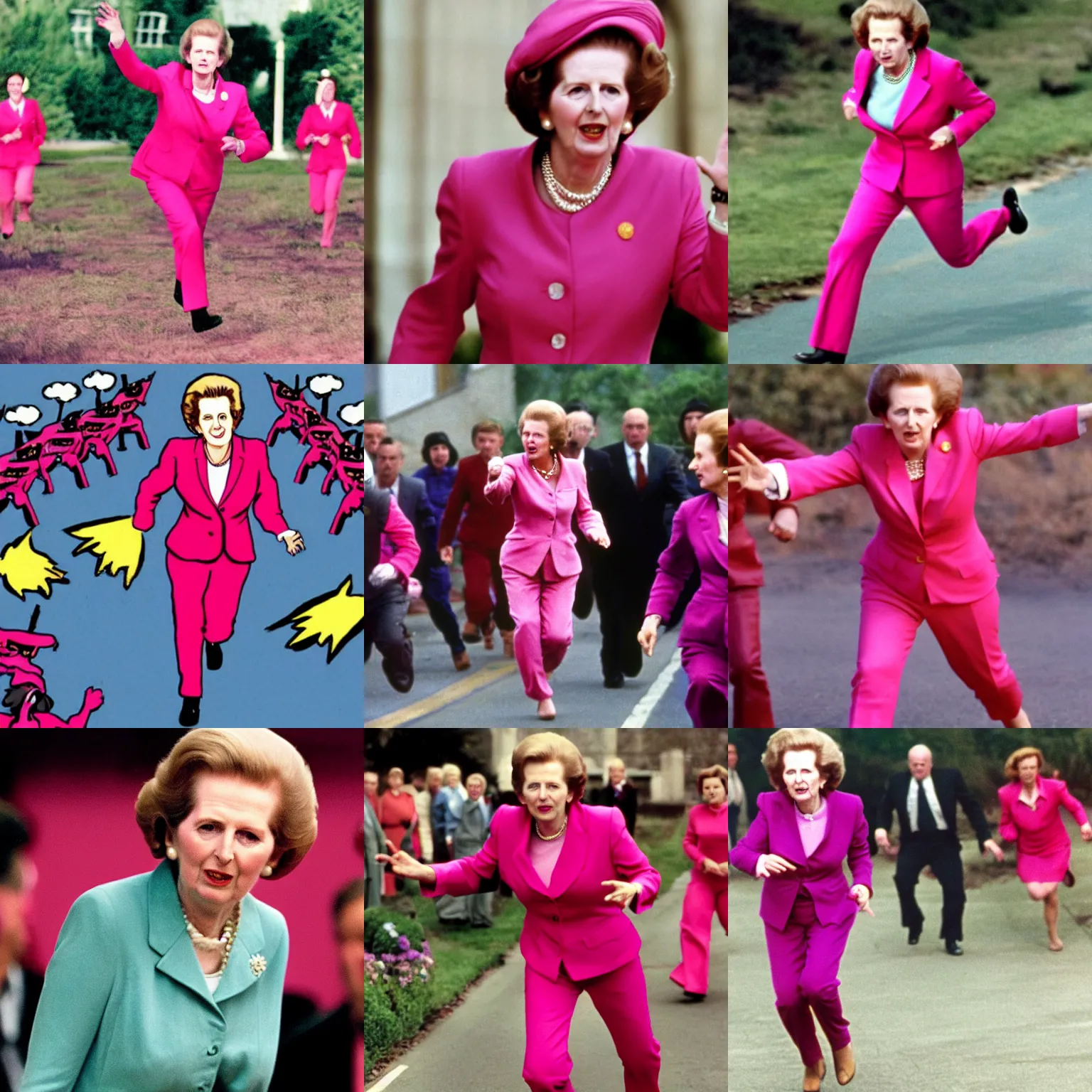 Prompt: margaret thatcher in a fuschia pantsuit, running from a horde of angry klingons.