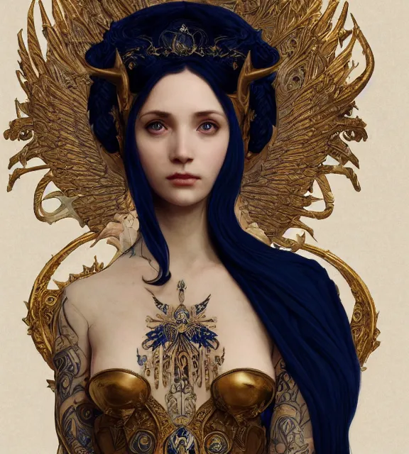 Image similar to god of death, in the underworld, elegant dark blue dress, very detailed, throne, very intricate details, jewelry, delicate tattoos, elaborate long hairstyle, wings, cinematic, artstation, william bouguereau, alphonse mucha, greg rutkowski, rossdraws, octane render