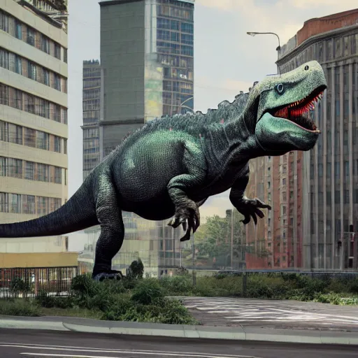 Image similar to A dinosaur emerging out of an giant street art work on a busy street, unreal engine, octane render