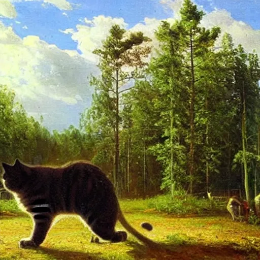 Image similar to huge cat near houses, oil painting by Ivan Shishkin