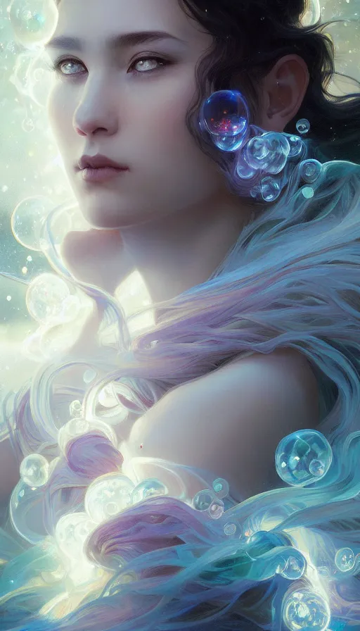 Image similar to portrait of magical wizard, dreamy and ethereal, Black eyes, peaceful expression, ornate frilly robes, fantasy, intricate, elegant, rainbow bubbles and lightning,highly detailed, digital painting, artstation, concept art, smooth, sharp focus, illustration, art by artgerm and greg rutkowski and alphonse mucha