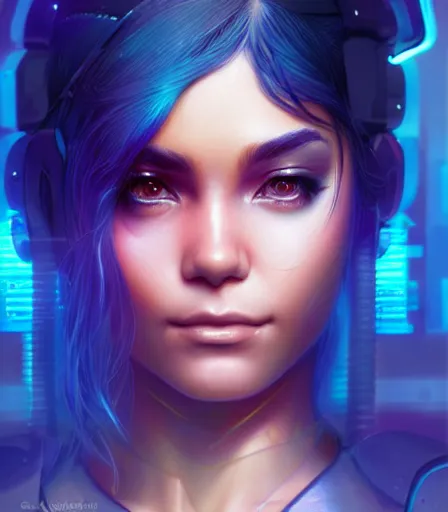 Image similar to beautiful portrait of a cyberpunk goddess who looks like Vanessa Hudgens , character design by charlie bowater, ross tran, artgerm, and makoto shinkai, detailed, soft lighting, rendered in octane