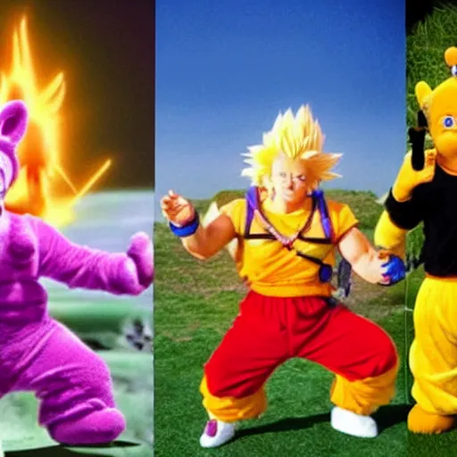 Image similar to goku and dog the bounty hunter playing with the teletubbies