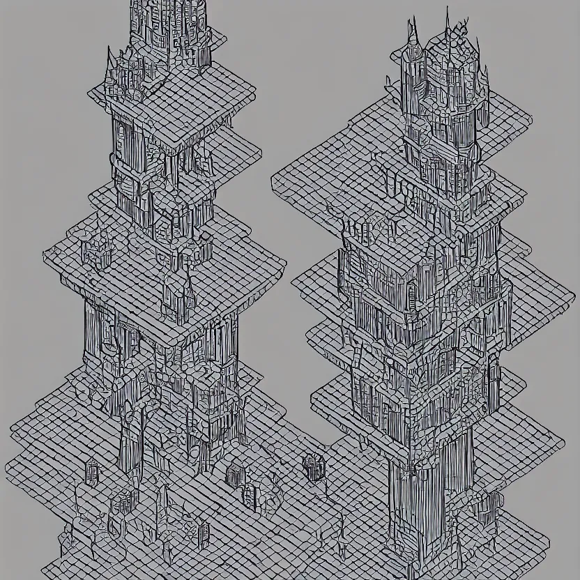 Image similar to isometric view of wizard's tower, lineart, 8 k