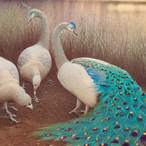 Prompt: 3 peacocks eating at nobu, cottage core, cinematic focus, polaroid photo bleached vintage pastel colors high - key lighting, soft lights, foggy, by steve hanks, by lisa yuskavage, by serov valentin, by tarkovsky, 8 k render, detailed, oil on canvas