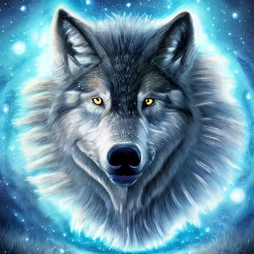 Prompt: of a fantasy painting of a wolfs face in the sky morphing into galaxy ’ s and stars and planets in the style of greg retowski highly detailed cinematic lighting digital art