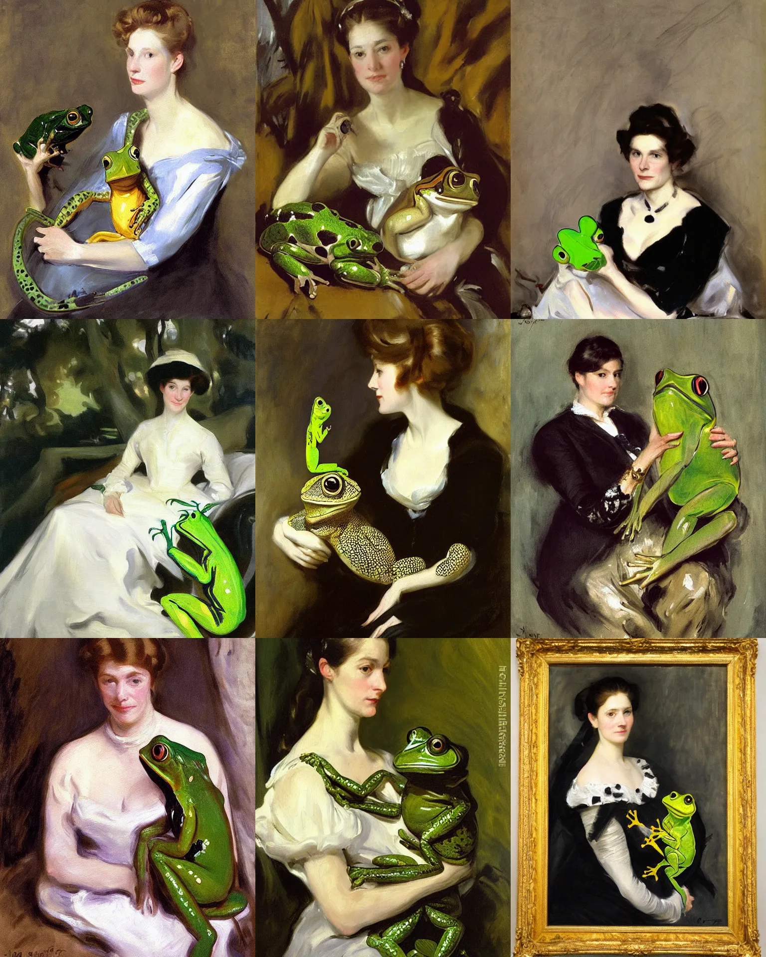 Prompt: a painting of a lady with her giant pet frog, by john singer sargent