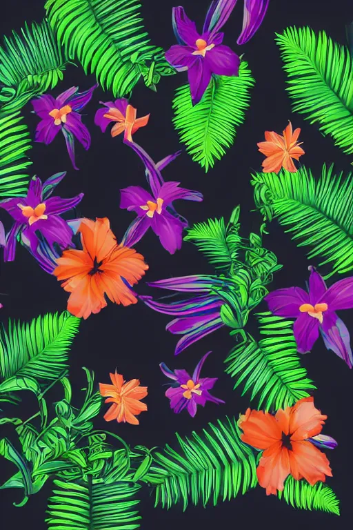 Prompt: sombre detailed vector illustration of photorealistic robotic tropical flowers and green wirey leaves, multiple cohesive colors ranging from warms purples to bright oranges on a ((very dark black factory background)), 4K resolution, trending on artstation, hd wallpaper