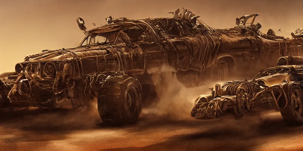 Prompt: an environmental concept art from mad max fury road, single muscle car speeding through the desert, exposing shiny engine, mechanical, highly detailed, cinematic, dramatic lighting by francis tneh