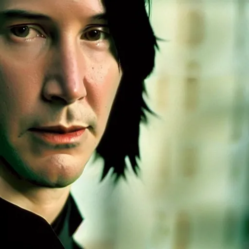 Image similar to Film Still of a Young Keanu Reeves playing a Young Severus Snape in Harry Potter, Film Still, realistic, hyperrealistic, very realistic, very very realistic, highly detailed, very detailed, extremely detailed, detailed, detailed face, very detailed face, very detailed face, realism, HD Quality, 8k resolution, intricate details, body and head in frame, Real Life