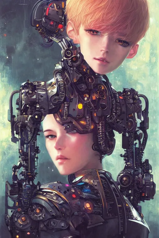 Image similar to portrait of beautiful young robot, cyberpunk, Warhammer, highly detailed, artstation, illustration, art by Gustav Klimt and Range Murata and Ilya Kuvshinov and Sakimichan