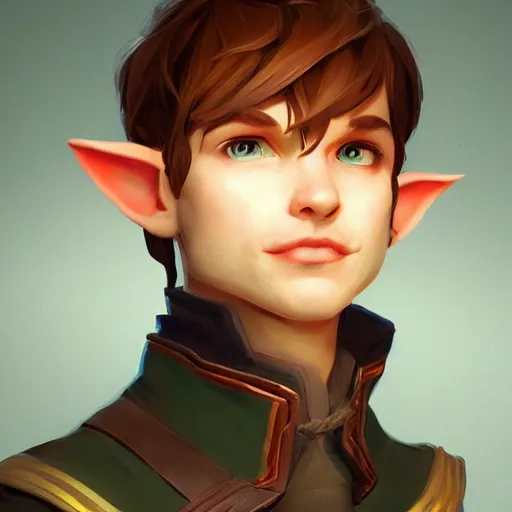 Image similar to Portrait of a male elf ranger, pointy ears, brown long hair, no beard, inquisitive look, perfect facial symettry, mattepainting concept Blizzard pixar maya engine on stylized background splash comics global illumination lighting artstation lois van baarle, ilya kuvshinov, rossdraws