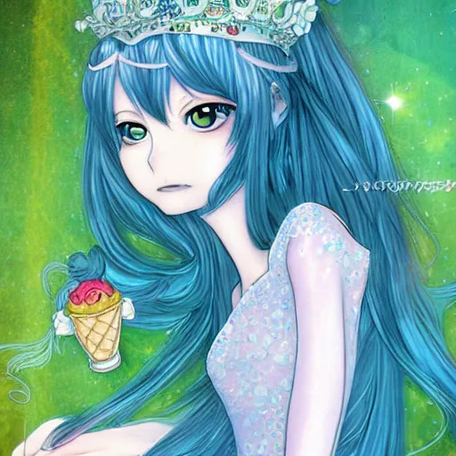 Prompt: Ethereal ice cream faerie princess. Manga artbook illustration by CLAMP.