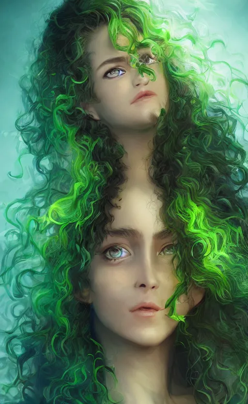 Image similar to a young woman with wild, curly hair and bright green eyes. she's wearing a flowing dress made of light, airy fabric and she has a mischievous look on her face, dynamic lighting, photorealistic fantasy concept art, trending on art station, stunning visuals, creative, cinematic, ultra detailed