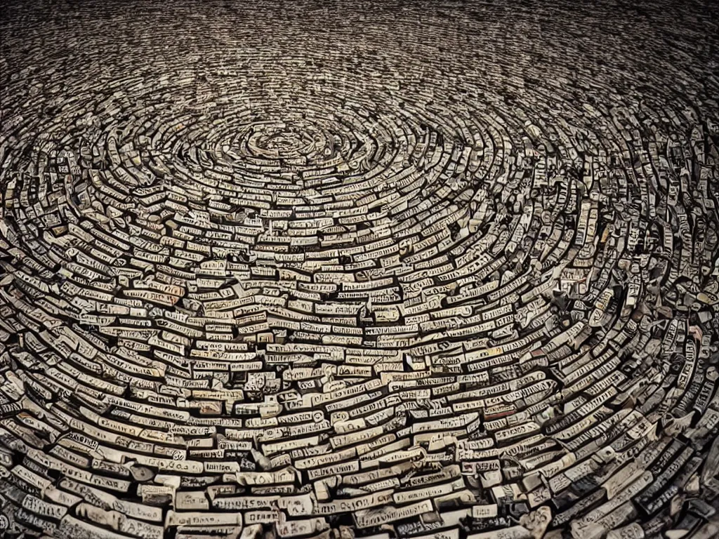 Image similar to an intricate labyrinth made of books at night, dimly lit by candlelight, dark fantasy, dreaming illusion