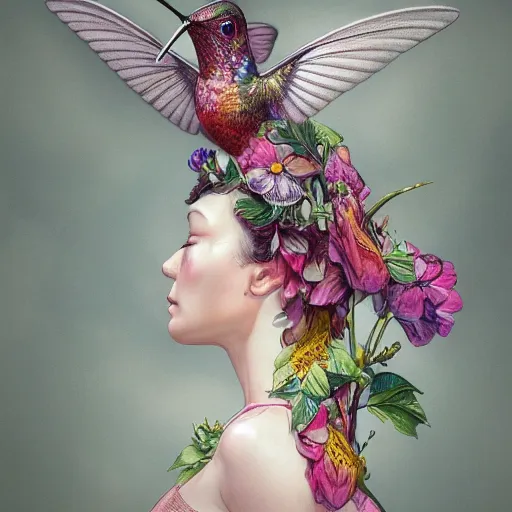 Image similar to hummingbird, body and wings covered with fine floral ornaments, eye - level medium angle shot, intricate, floral background, by esao andrews, by m. w. kaluta, by yoshita amano, natural lighting, smooth, 3 d octane render, depth perception, 4 k,, artstation