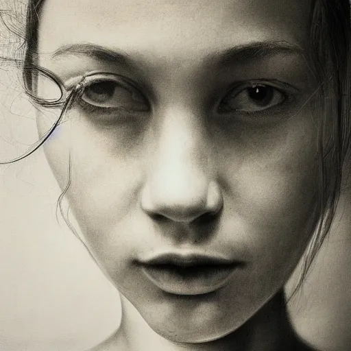 Image similar to face of a young girl in the moon light, ambient lighting, moody, emotive, photo realistic, chuck close