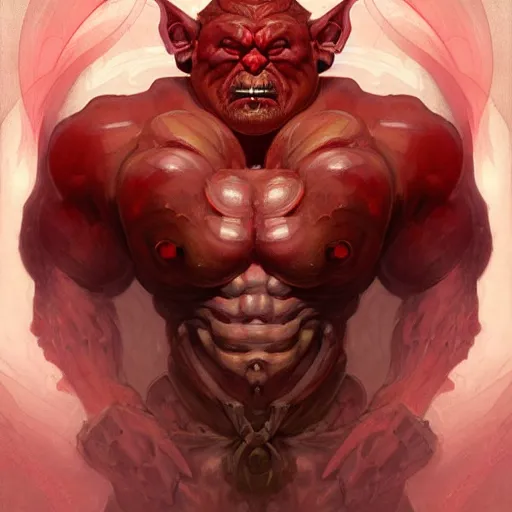 Prompt: portrait of muscular red orc, symmetrical, D&D character art, portrait, digital painting, concept art, intricate, mogul khan, Peter Mohrbacher, Alphonse Mucha, Brian Froud, Yoshitaka Amano, Kim Keever, Victo Ngai, James Jean