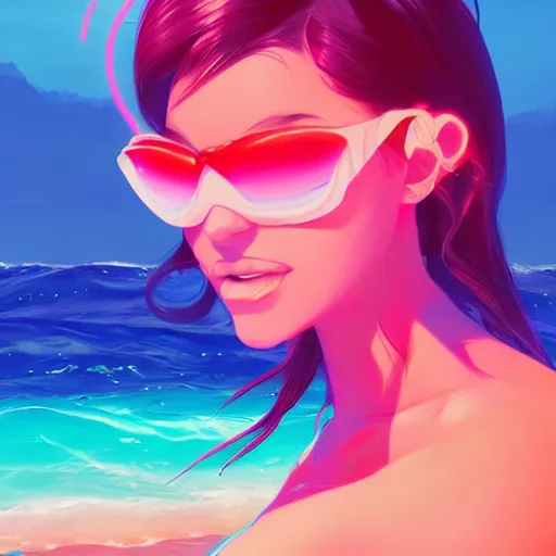 Image similar to neon bikini woman in the ocean | hyperrealistic digital painting by makoto shinkai, ilya kuvshinov, lois van baarle, rossdraws | afrofuturism in the style of hearthstone and overwatch, trending on artstation