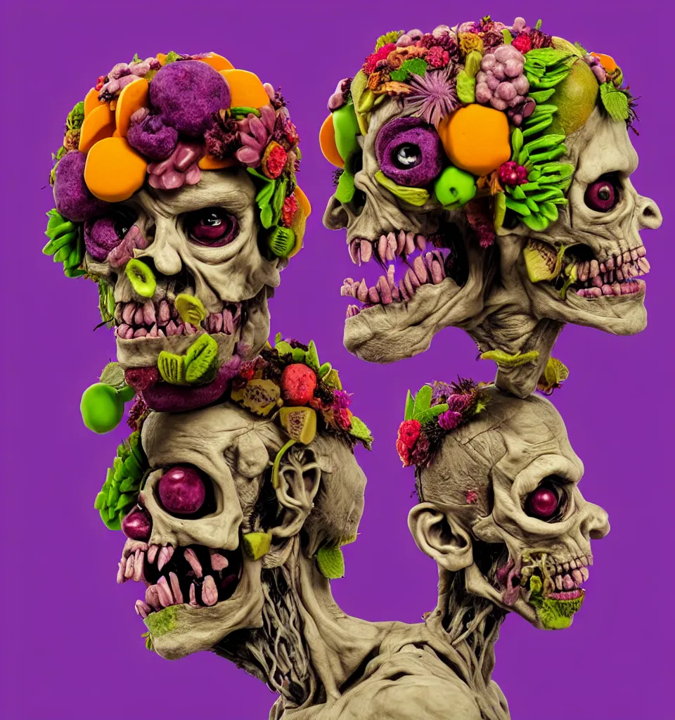 Prompt: portrait headshot of a zombie punk, head made of fruit and flowers in the style of arcimboldo, photorealistic, dynamic lighting, action figure, clay sculpture, claymation, soft pink and purple background