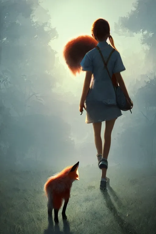 Image similar to a young girl walking to school with her pet fox, matte painting in the style of Greg Rutkowski, early morning light, sunrise, golden hour, trending on artstation