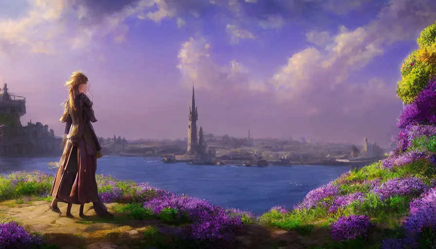 Image similar to over the shoulder landscape midjourney painting of violet evergarden standing on a distant colorful flower hill, behind it a distant old european city leiden from violet evergarden next to the reflecting ocean, ocean, sunshine, fantasy, intricate, elegant, highly detailed, digital painting, artstation, blender, unreal engine 5, octane render, smooth, sharp focus, illustration, by Anton Fadeev and Philipp A. Urlich and Pengzhen Zhang and Andreas Rocha