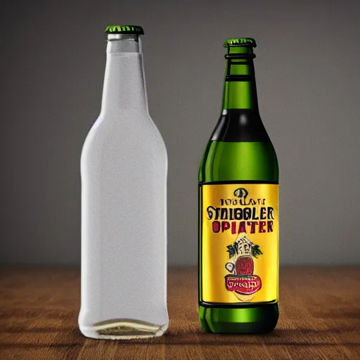 Prompt: a photorealistic photograph of a cider bottle standing next to a glass mug, trending on artstation