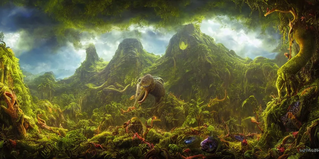 Image similar to fantasy oil painting, great leviathan, turtle cephalopod terrapin reptilian pachyderm amphibian hybrid, rainforest mountains, lush plants flowers, epic natural light, bright clouds, luminous sky, aircraft, outer worlds, bright cinematic key lighting, michael cheval, michael whelan, vray, 8 k hd