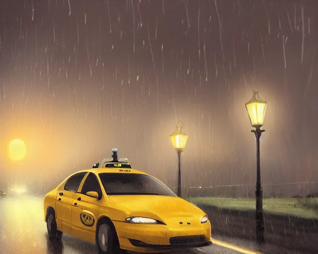 Image similar to one single taxi cab driving down a rainy country road through a field, gaslight, street lamps. Side view, full shot. Anime, By Makoto Shinkai, Stanley Artgerm Lau, WLOP, Rossdraws, James Jean, Andrei Riabovitchev, Marc Simonetti, krenz cushart, Sakimichan, trending on ArtStation, digital art.