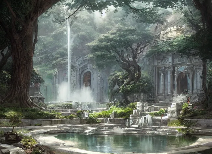 Image similar to A hot spring in a beautiful elven city made of white marble, anime, lush trees, fountain, a fantasy digital painting by Greg Rutkowski and James Gurney, trending on Artstation, highly detailed