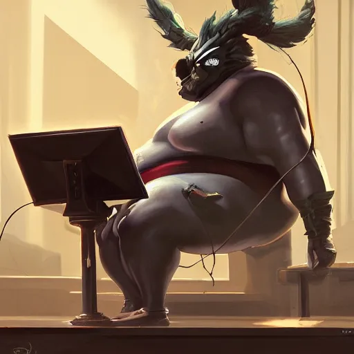 Image similar to a insanely detailed painting of a fat masked superhero wearing a costume sitting at a desk, staring at the nervously at the computer and clicking on the mouse, in the style of peter mohrbacher, dramatic lighting and composition, trending on artstation, concept art, comic book