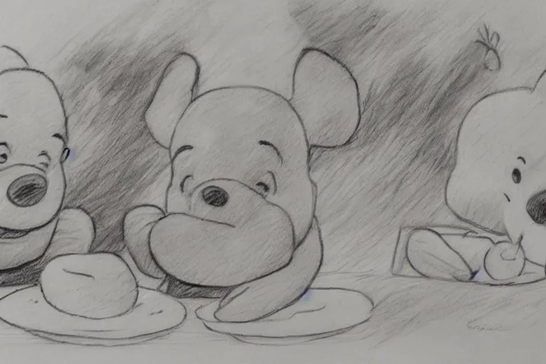 Image similar to winnie the pooh and piglet eating a bacon sandwich, pencil sketch, high detail, hyper realistic,