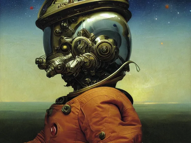 Image similar to a detailed profile oil painting of an explorer in a spacesuit with reflective helmet, advanced technology flight suit, portrait symmetrical and science fiction theme with aurora lighting clouds and stars by beksinski carl spitzweg and tuomas korpi. baroque elements, full-length view. baroque element. intricate artwork by caravaggio. Trending on artstation. 8k