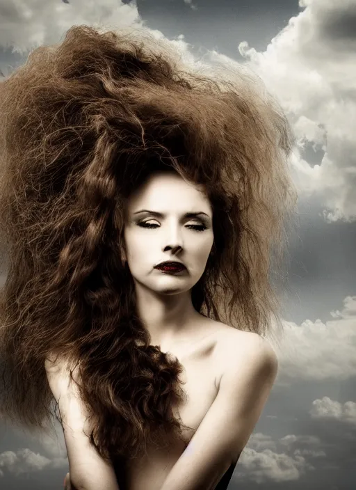 Image similar to a dramatic photo of a woman with hair made of clouds. moody and melanchonic