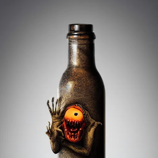 Prompt: a bottle with a strange creature inside, Photo realistic, super realistic, high definition, sinister photo, horror