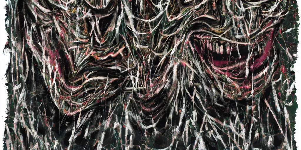 Image similar to camo made of teeth, smiling, abstract, francis bacon artwork, cryptic, dots, stipple, lines, splotch, color tearing, pitch bending, faceless people, dark, ominous, eerie, minimal, points, technical, old painting