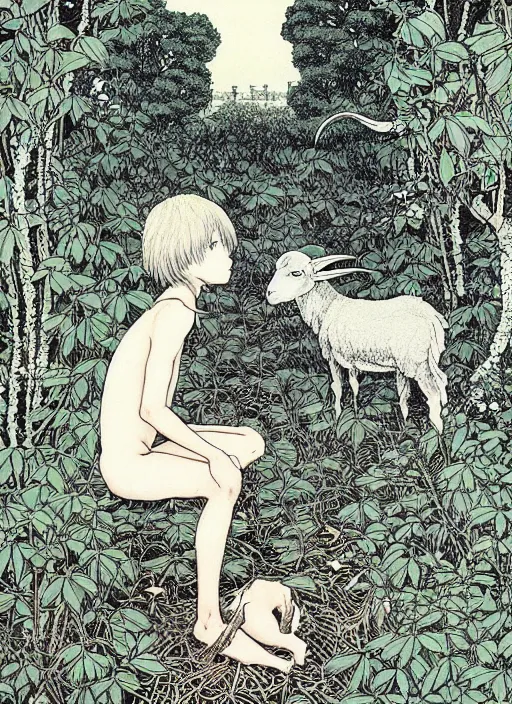Image similar to boy and girl and a goat in a secret garden, by Vania Zouravliov and Takato Yamamoto, high resolution