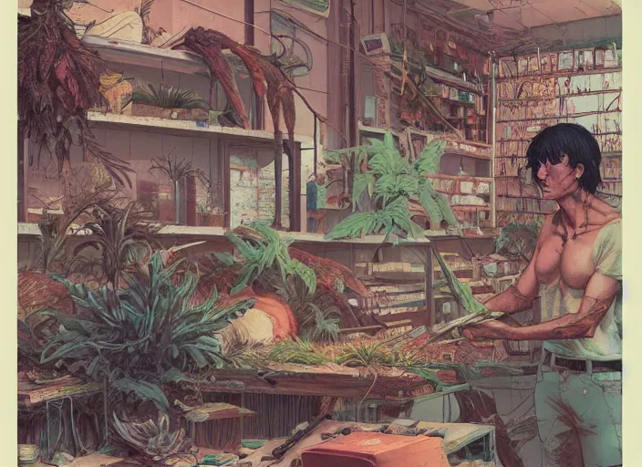 Prompt: risograph grainy drawing acupuncturists hardware store, andreas rocha, complimentary color palette, mark brooks, body covered in dead exotic vegetation, 1 9 8 0, krenz cushart, kodachrome, natural colors, comicbook spreadsheet,