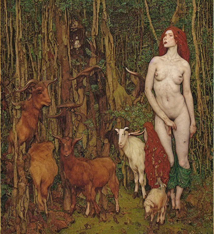 Image similar to pixelated corrupted professional pre-raphaelite photo of a person in the forest with a goat and a robot by Ivan Bilibin, Austin Osman Spare, Norman Rockwell, high quality, ultra detailed. Beksinski painting, part by Adrian Ghenie and Gerhard Richter. art by Takato Yamamoto. masterpiece, oil on canvas painting, pixelart, vivid acid neon colours.
