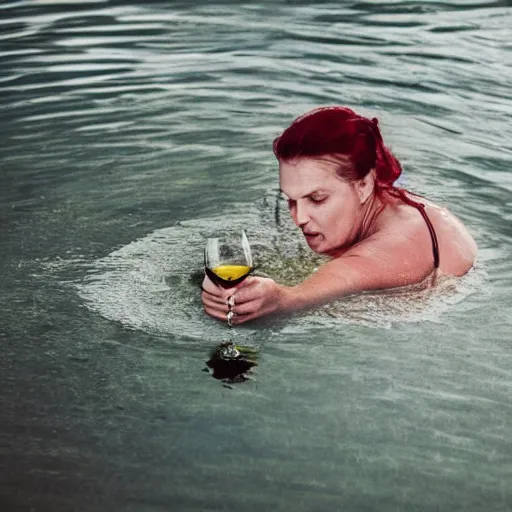 Prompt: Woman drowning in a glass of wine