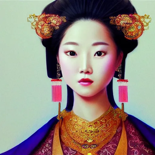 Image similar to hyper realism portrait of Chinese princess by Zhong, Fenghua, stunning, detailing, artstation trending, perfect lighting, golden hour