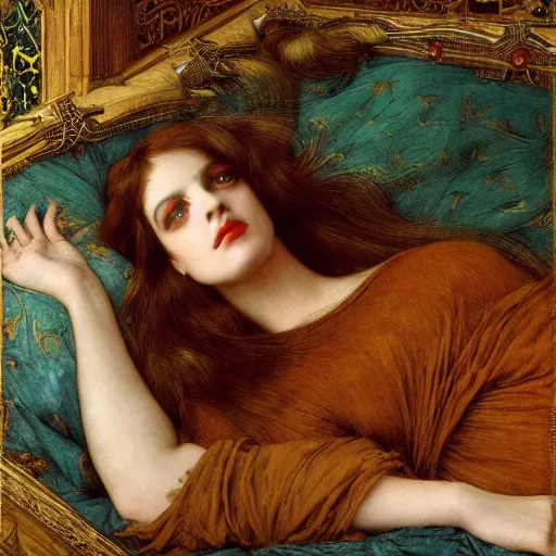 Prompt: preraphaelite photography reclining on bed, a hybrid of judy garland and a hybrid of lady gaga and nicole richie, aged 2 5, big brown fringe, wide shot, yellow ochre ornate medieval dress, john william waterhouse, kilian eng, rosetti, john everett millais, william holman hunt, william morris, 4 k