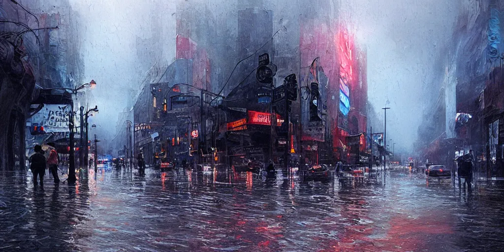 Image similar to hollywood boulevard hit by a biblical flood during a storm, dramatic lighting, beautiful, stunning landscape artwork by artgerm, rutkowski, wlop highly detailed, photorealistic