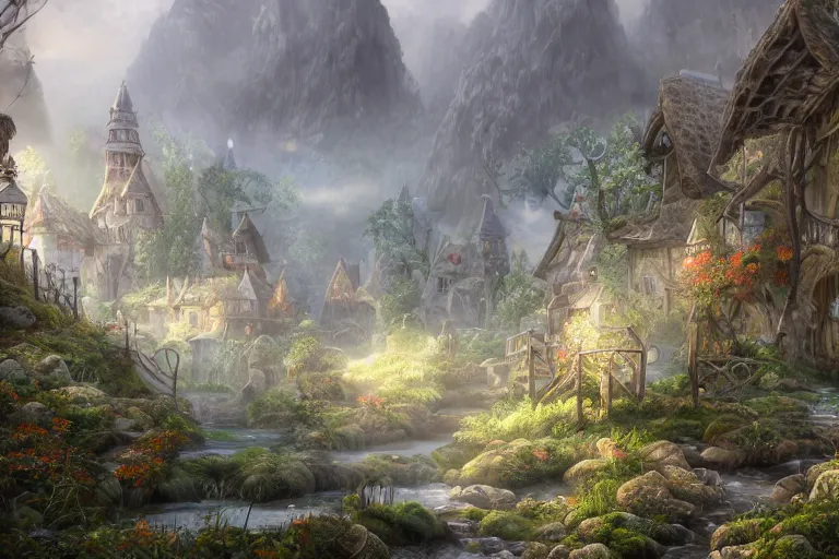 Prompt: A small elven village with elegant architecture at the base of a shallow valley, a winding white pathwalk and a small brook running through, clear blue skies in the background, octane rendering, oil painting, mind-blowing detail, photoreaistic, trending on artstation, trending on deviant art, intricate, elegant, digital painting, saturated colors, smooth, sharp focus, art by artgerm and Todd Shorr