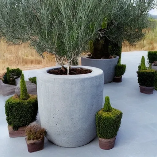 Prompt: creative concrete pots with seatings, olive trees, wpc decking on the floor