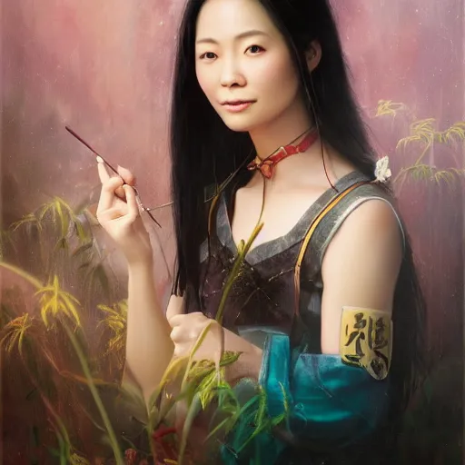 Prompt: portrait of an taiwanese woman ( 3 5 ) from taiwan in 2 0 2 1, an oil painting by ross tran and thomas kincade