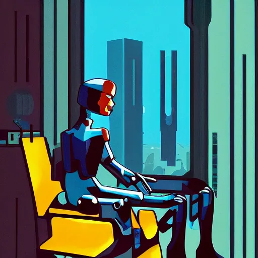Prompt: a posthuman cyborg in their apartment sitting down at a chair, artstation frontpage, maximalist, art deco architecture, socialist realism, blue