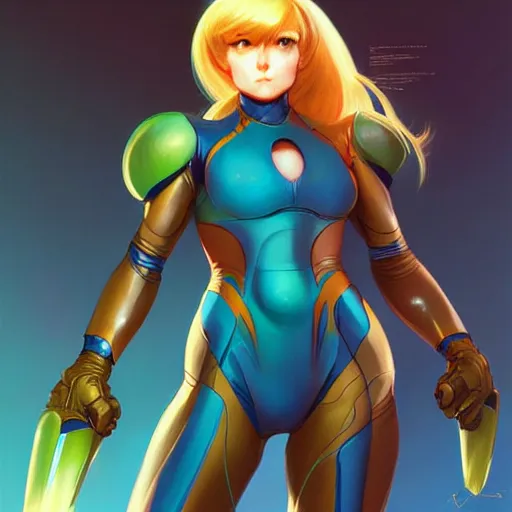 Prompt: samus in varia suit, artstation, concept art, smooth, sharp focus, illustration, art by Krenz Cushart and Artem Demura and alphonse mucha